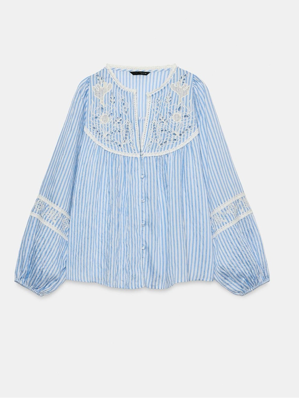 Elegant Blue Stripe Lace Yoke Button-Front Blouse